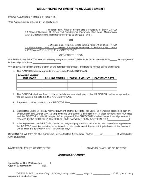 Cellphone Payment Plan Agreement .